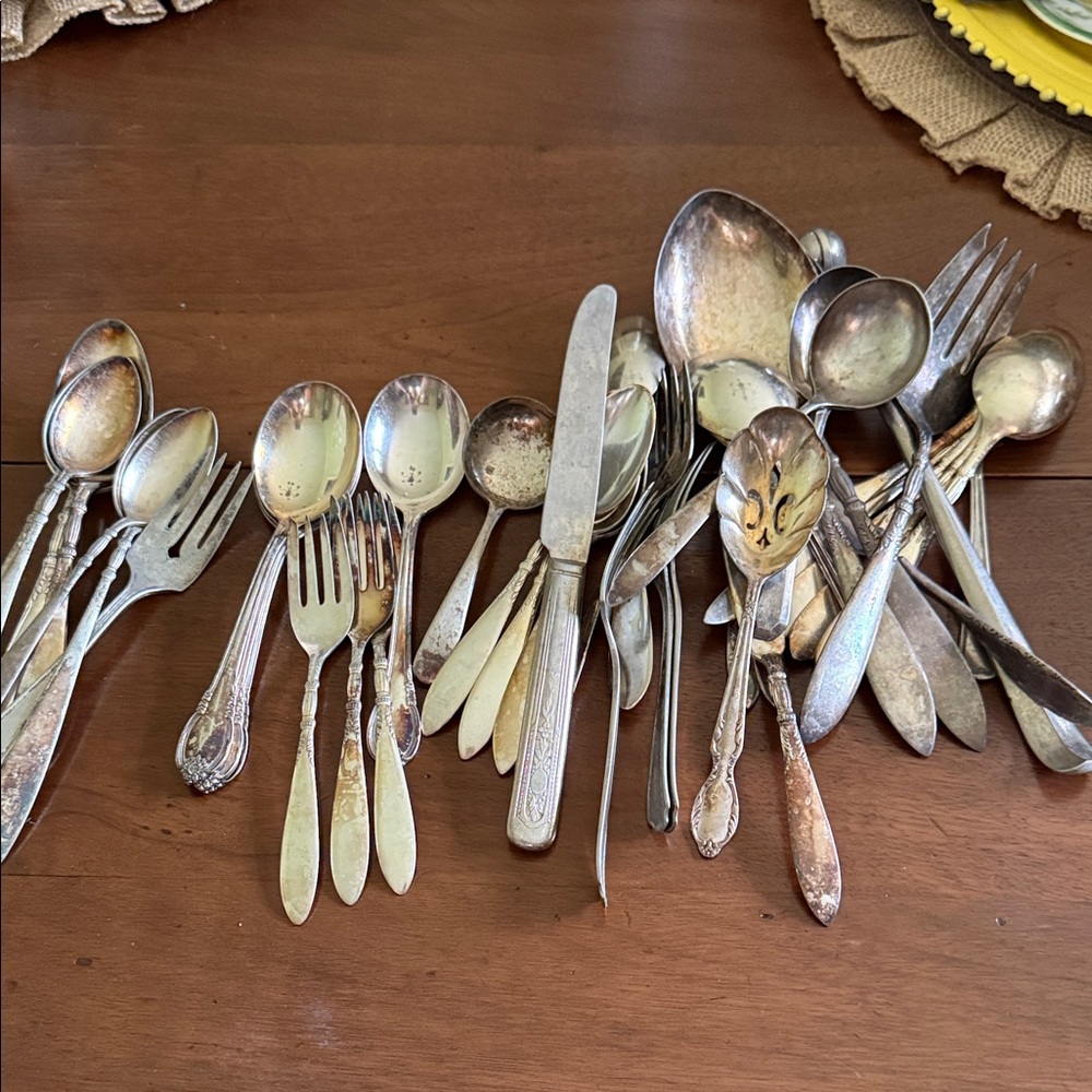 Mixed Silver-Plate Flatware Set - Assorted Spoons, Forks & Knife